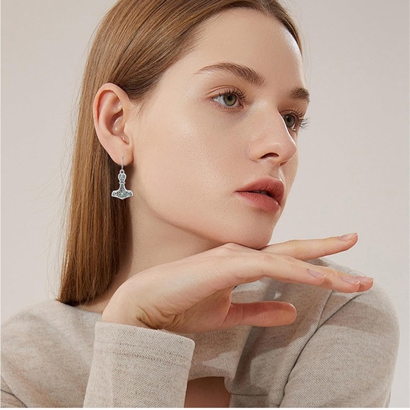 Viking Earrings Tree of Life 925 Sterling Silver Thor Hammer Compass Dangle Drop - Picture 4 of 7